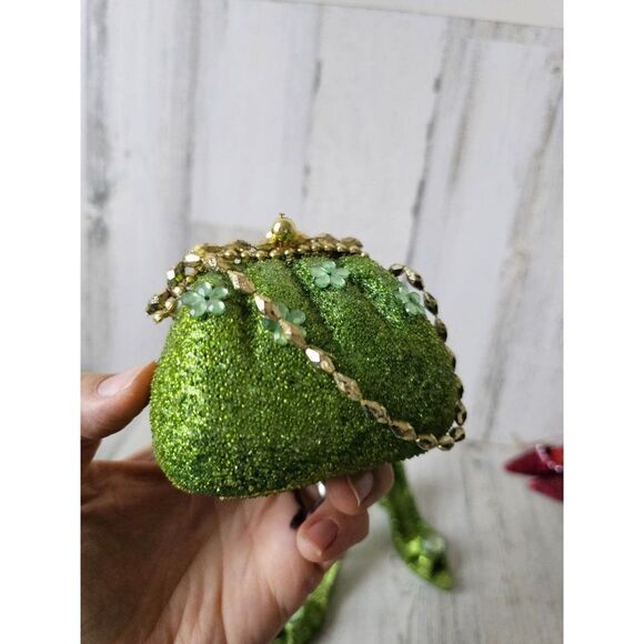 Green sparkle glitter stiletto heel shoe per set ornament Xmas tree purse - Picture 9 of 12